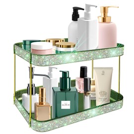 Yivaiks Bling Tiered Bathroom Counter Organizer and Storage,Vanity Organizer Countertop, Perfume Cosmetics Skincare Makeup Shelf Organizer for Dresser Vanity Tray (2 Tier-Green)