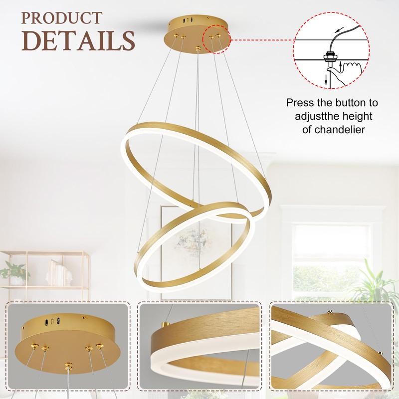 Sparklelf Modern LED Chandelier Gold 2-Rings Pendant Light Circular Flush