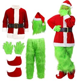 shyhand Christmas Green Monster Costume for Adult Men Santa Claus Costume Santa Suit Furry Christmas Cosplay Outfit