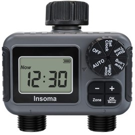 Insoma 2-Zone Sprinkler Timer, Programmable Garden Hose Timer with Auto/Manual/Rain Delay Modes | Water-Saving Irrigation Controller for Lawn, Yard & Drip Systems | Waterproof Design & Easy Setup