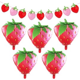 5 Pieces Strawberry Balloons, 1 Piece Strawberry Flag, Strawberry Shaped Balloons, Strawberry Theme Decoration, Fruit Party Decoration Set, Strawberry Aluminium Foil Balloons