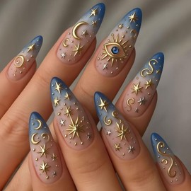 FIEONCIY Press on Almond Nails Short Length Glossy Acrylic Almond Shaped False Nails with Designs Artificial Medium Fake Nails with Charms Glue Stick on Fingernails for Women Girls(WSJ2485)
