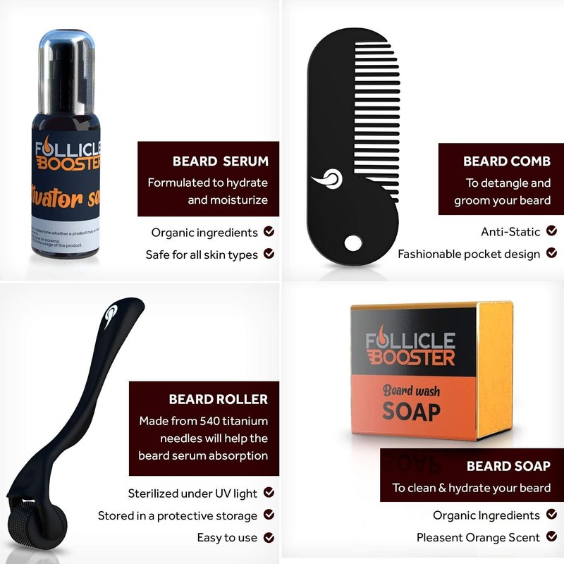 Follicle Booster Beard Growth Kit - Beard Serum, Beard Roller,