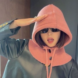 Knitted Balaclava Hooded Hat Neck Warmer Ear Muffs Scarf - Winter Warmth lf1980 Free Size/Pink 4ea
