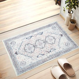 Maxsoft 2x3 Low-Pile Vintage Machine Washable Non-Slip Rug, Stain-Resistant Rug for Kitchen Entryway Bathroom Carpet for Indoor (Beige/Blue)