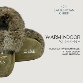 Laurentian Chief Moccasin Slippers for Women – Comfortable Slippers with Real Fur Trim and Soft Faux Lining – Canada Quality Beaded Style Warmie Slippers for Indoor Use (Army, 9)