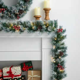 Glitzhome 2PCS 9ft Pre-Lit Greenery Pine Cones and Red Berries Christmas Garlands, Xmas Garlands with 50 Warm White Lights with Timer for Home Stairs Fireplace Front Door Window Christmas Decorations