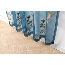 UNTILIDEAL Blue Sheer Curtains Floral Embroidered Bedroom Curtain Rod Pocket Tulle Drapery Window Treatment for Living Room, Set of 2 Panels 54 x 84 Inch