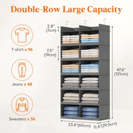 Lifewit Dual-Row 6 Tier Shelf Hanging Closet Organizer and Storage, Clothes Storage Shelves with 3 Sturdy Hooks for Clothing Organization, Foldable Dorm Room Essentials, 12 Sections Grey