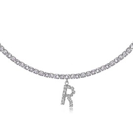 Initial R Necklaces for Women 14K White Gold Plated Cubic Zirconia Choker Silver Tennis Chain Letter Necklace Gift