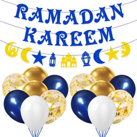 AhfuLife Ramadan Decorations for Home, Ramadan Kareem Banner Bunting with 14pcs Balloons for Home Ramadan Eid Mubarak Decoration (Ramadan Kareem)