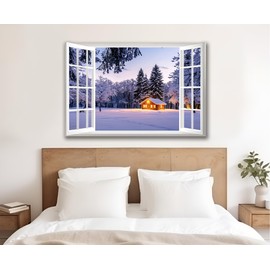 WOOHOOROO Winter Christmas Trees and Snow House Fake Window Stickers Peel and Stick Removable Wall Murals for Home/Bedroom/Office,32 x 48/2pcs