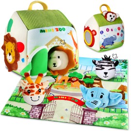 Sortnic Sensory Zoo Toys for Babies 6-12 Months, Soft Stuffed Animal Set with 5 Sensory Animals, Map Pad, Rattle, Crinkle Paper, Squeaker, Mirror, Montessori Toys for Toddlers, Boy Girl Birthday Gifts