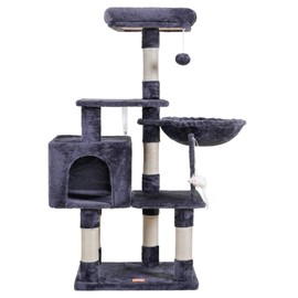 Heybly Cat Tree with Toy, Cat Tower condo for Indoor Cats, Cat House with Padded Plush Perch, Cozy Hammock and Sisal Scratching Posts, Smoky Gray HCT004G