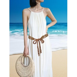 TeeYee Women's Boho Style Dress Waist Belt Tassel Belt Rope Braid Wooden Beads Waistband Tie Belt Narrow Belt, Tan-270