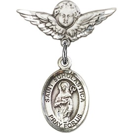 Sterling Silver Baby Badge with St. Scholastica Charm and Angel w/Wings Badge Pin 7/8 X 3/4 inches