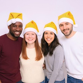 Beistle Sequin-Sheen Santa Hat – 2 Pack, Gold Christmas Sequin Hats, Plush White Trim and PomPom, Holiday Costume Photo Prop Accessories for Office Parties, Family Gatherings, Parades, Festive Events