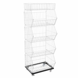 Retail Display Rack, 5 Tier Wire Grid Retail Display Shelf with Wheels, Slanted Basket Merchandise Rack for Supermarket Retail, 44lbs Capacity Per Tier (White)