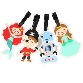 com-four® 4 x Luggage Tags Made of Flexible Plastic in Bright Colours - Luggage Tag for Children's Suitcase and Travel Bag with Address Tag (04 Pieces - Robot Pirate Princess Mermaid )