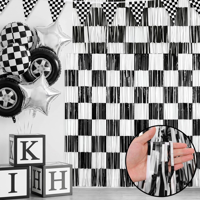 2Pcs Checkered Backdrop- Black White Checkered Backdrop Foil Streamer 1x