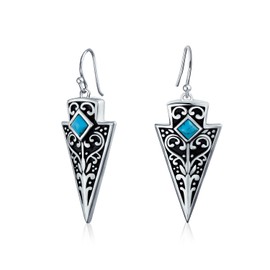Bali Style Two Tone Oxidized Blue Bead Arrowhead Dangle Earrings For Women 925 Sterling Silver