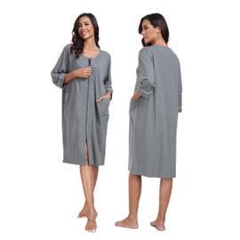 CF Women's 100% Cotton Zipper Robes 3/4 Sleeve Loungewear Knee Length Housecoat Lightweight Zip Up Nightgowns with Pockets(Dark Grey,2XL)