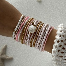 Shell Beaded Bracelet for Women Boho Colorful Beads Bracelets Adjustable Elastic Beach Jewelry Bohemian Stackable Summer Bracelets Tropical Charm Bracelet Beach Vacation Accessories for Women (Pink)