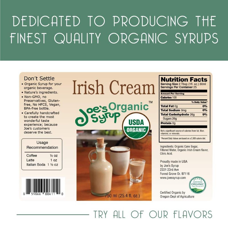 Joe’s Syrup Organic Flavored Syrup, Organic Irish Cream, 750 ml