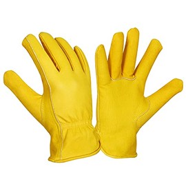 MOTOROAR Work Gloves Cowhide Grain Premium Leather Yellow Work Driver Gloves With Elastic Wrist Closure And Inside Fleece Lining General Purpose Utility, Driver, Rigger, Safety, Gardening (9(medium)