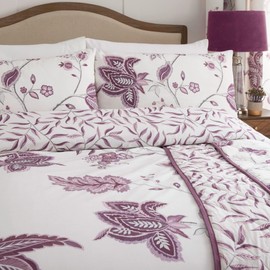 Dreams & Drapes Purple Floral Duvet Cover Sets - Single Bedding Size (140 x 200cm) - Plum Damask Bedding - White & Purple Duvet Cover - Traditional/Vintage Bedding in Dark Purple Plum