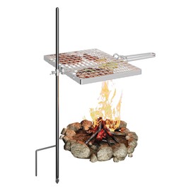 SUZLON Campfire Grill Stake & Grill, Reversible Campfire Grill, Heavy Duty Steel Grate, Fire Pit Grill Grate Over Fire Pits, Campfire Grill Grate for Outdoor Open Fire Cooking Equipment, Silver