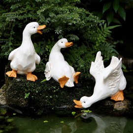 LEGIFO Duck Yard Decorations Outdoor Ornaments Set of 3, Resin Goose Sculpture Statue Front Porch Garden Decor for Outside Imitation Wood Carving, Funny Animal Decorations Fairy Craft Yart Art Decor