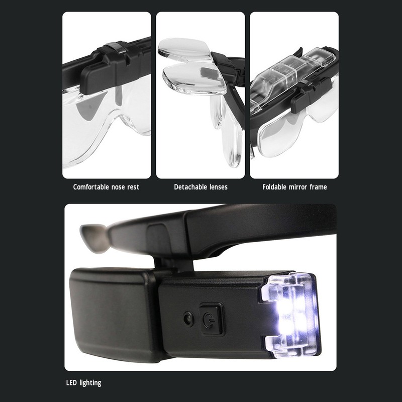 Rechargeable Head Magnifying Glasses with LED Light 2 Detachable Lenses