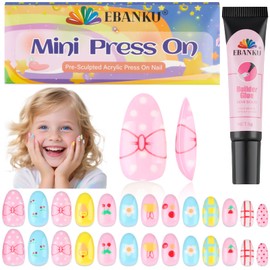 EBANKU 26 Pieces Kid Fake Nail Kit, Charming Press on Nails for Kids Mini Glue on Nail Almond False Nail for Girls 6-10 Years