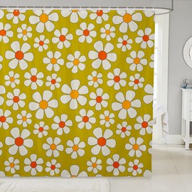 Hippie Flowers Bath Curtain,70s Retro Floral Bathroom Shower Curtain for Kids Boys,Groovy Cartoon White Daisy Waterproof Fabric with Hooks for Stalls, 72Wx72L inch
