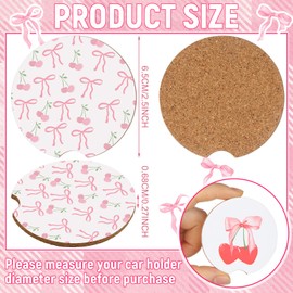 Sieral 6 Pcs Pink Bow Car Coasters for Car Cup Holders Cute Coquette Absorbent Cork Coasters with Finger Notch Bow Accessories for Women, Pink and White