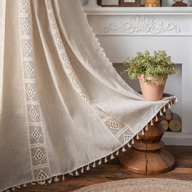 ENJOYBRIDAL Beige Curtains Crochet Lace Patchwork Drapes Curtains 84 Inch Length 2 Panels Tassel Rod Pocket Semi-Sheer Boho Bedroom Living Room Farmhouse Rustic Window Curtain Panels