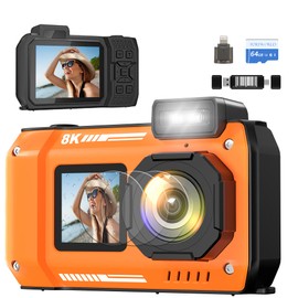 8K Underwater Camera 33FT Waterproof Camera with 64GB Card 70MP 18X Zoom Waterproof Digital Camera Auto Focus Dual-Screen Selfie 2500mAh Battery Dustproof Shockproof
