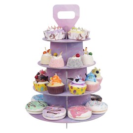 Dezhier 4 Tier Cupcake Stand (2 Pack) - Colorful Disposable Tower for 24 Cupcakes - Ideal for Parties, Birthdays, Baby Showers - Sturdy Cardboard Display Stand with Handle