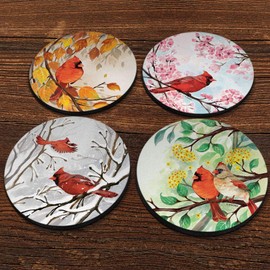 CARIBOU Coasters, Red Cardinal Bird In Autumn + In Spring + In Winter + In Summer Design Absorbent ROUND Fabric Felt Neoprene Coasters for Drinks, 4pcs Set