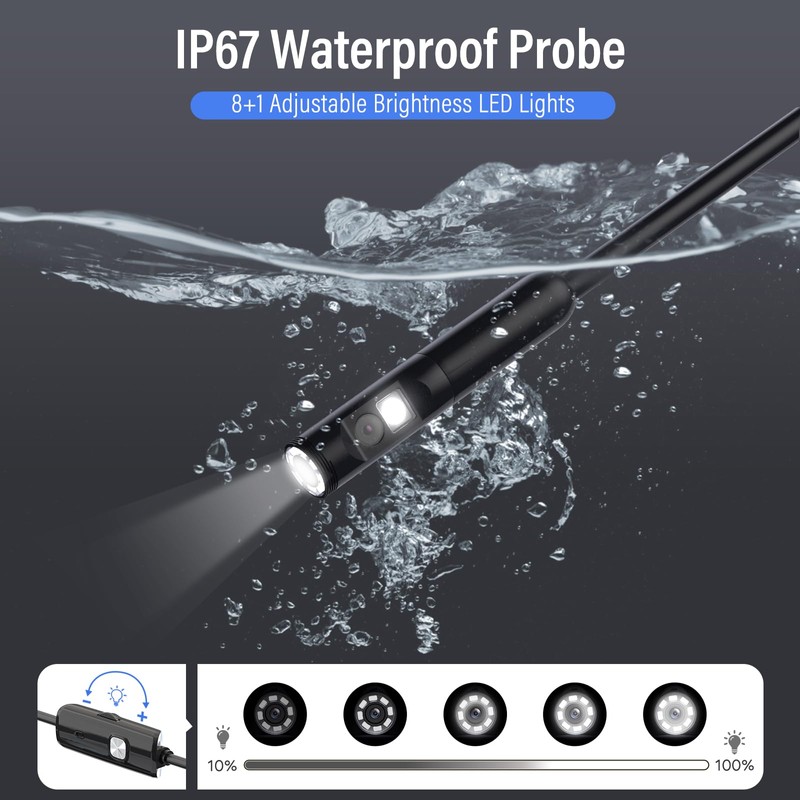 Endoscope Borescope with 8+1 Adjustable LED Lights, 11.5/16.4 FT Semi-Rigid