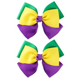 Mardi Gras Hair Bow Clips 3.5" Girls Kids Fat Tuesday Ribbon Cheer Bow Hair Pins Piece Women Circus Carnival Parade Outfit Costume Masquerade Party Decor Accessories Gift 2pcs