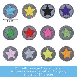 24 Star Iron-On Patches, with 1 Pack Sewing Kit, Children's Iron-On Stickers, Star Iron-On Stickers, Small Circle Set, Round Iron-On Stickers, Jeans Clothing Patches, Suitable for DIY Clothing Repair