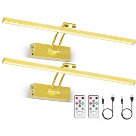 Elavika 2 Pack Picture Light Battery Operated for Wall, 12" Wireless Art Light with Remote, Rechargeable LED Lighting, Dimmable, Timer for Library Gallery Display Frame Painting, Gold