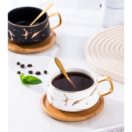 Jusalpha 2 Pack Golden Hand Print Black and White Teacup Coffee Cup with Bamboo Saucer and Spoon Set FDTCS19 (2, Black/White)