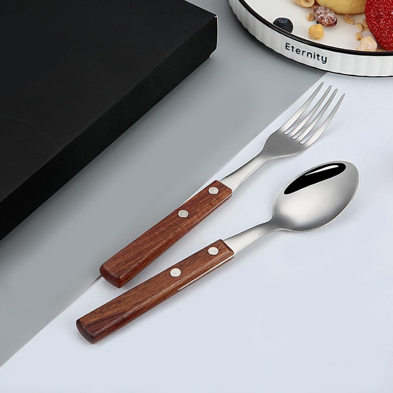 KXLCGYK Spoon Fork Set, Wooden Handle, 18-8 Stainless Steel, 4-Piece