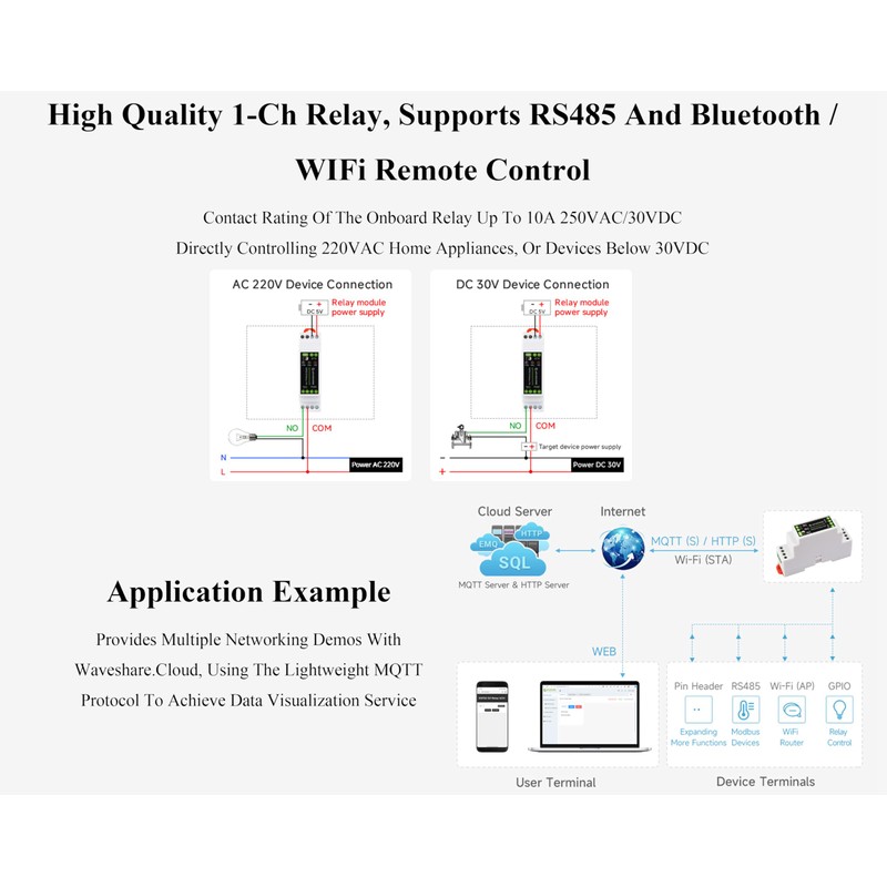 Industrial 1-Channel ESP32-S3 WiFi Relay Module, Supports WiFi/Bluetooth / RS485