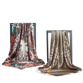 Myneiyi 35x35 Inch Large Square Scarf 2PCS Fashion Scarves Silk Feeling Hair Scarf Wrapping Scarfs Night Sleeping Headscarf BA12-04