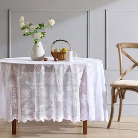 HLC.ME Butterfly Floral Lace Fabric Tablecloth, Lace Fabric Table Cloth for Round Tables, Wrinkle Resistant Tablecloth, Patterned Scalloped Tablecloth (36 Round, White)