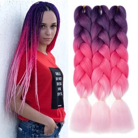 Gairyan Jumbo Braids, Extensions, Synthetic Hair for Braiding, 3 Pieces, 300 g, Braiding Hair Extensions, 60 cm, Ombre, Synthetic Braids, Afro Hair for Box/Crochet Braids, Purple & Rose Red & Pink